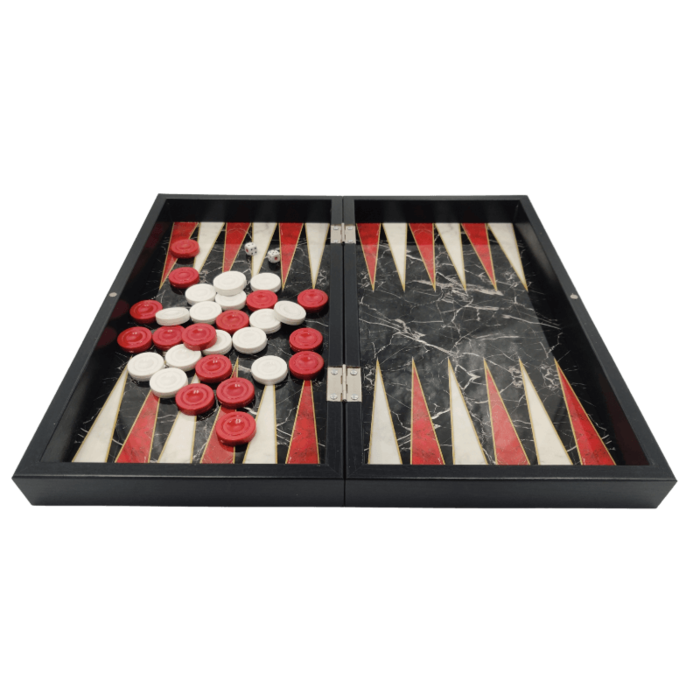 Classic Black Marble Backgammon L + schaakstukken
